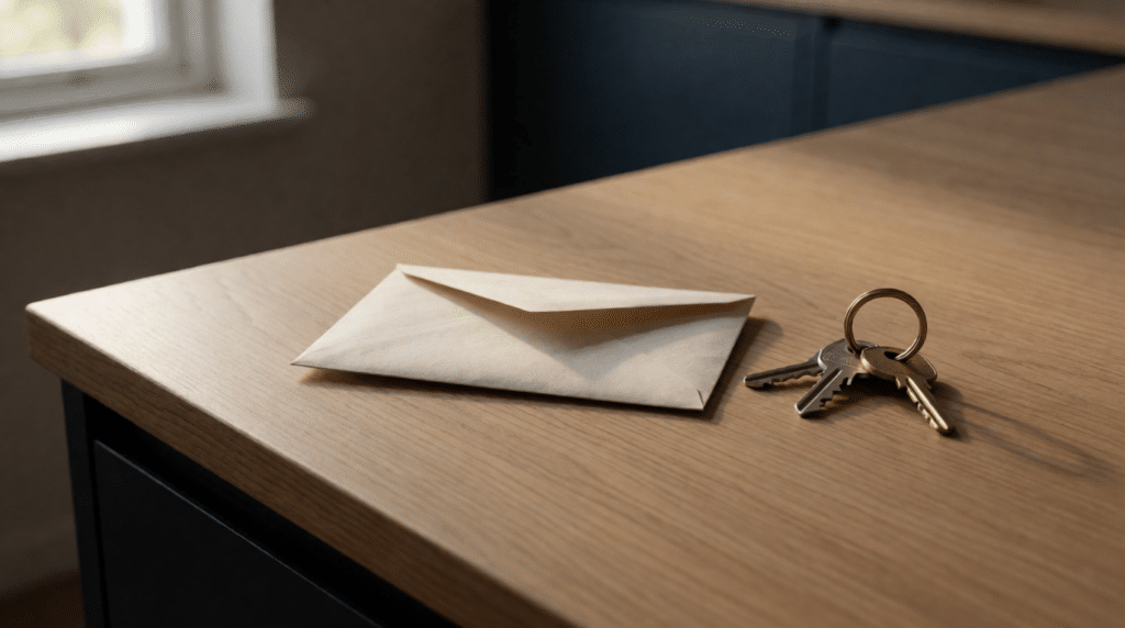 Ongeopende envelop op een keukenblad naast een sleutelbos