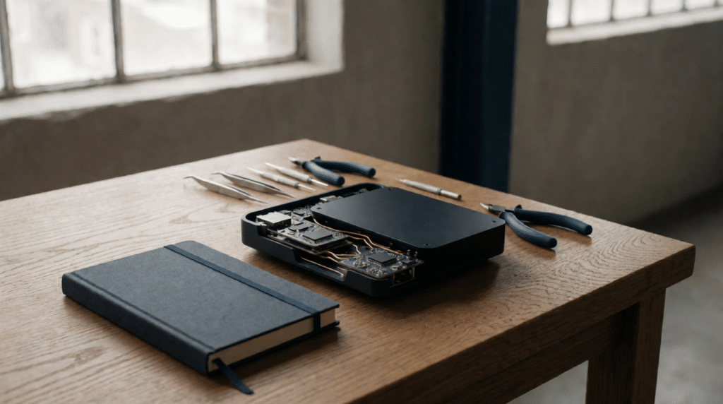 Werkbank met een prototype, gesloten notitieboek en klein gereedschap