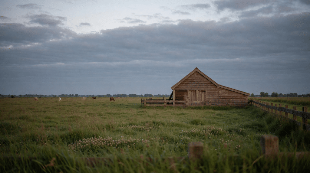 Nederlandse boerderij met een schuur en weiland onder een brede lucht