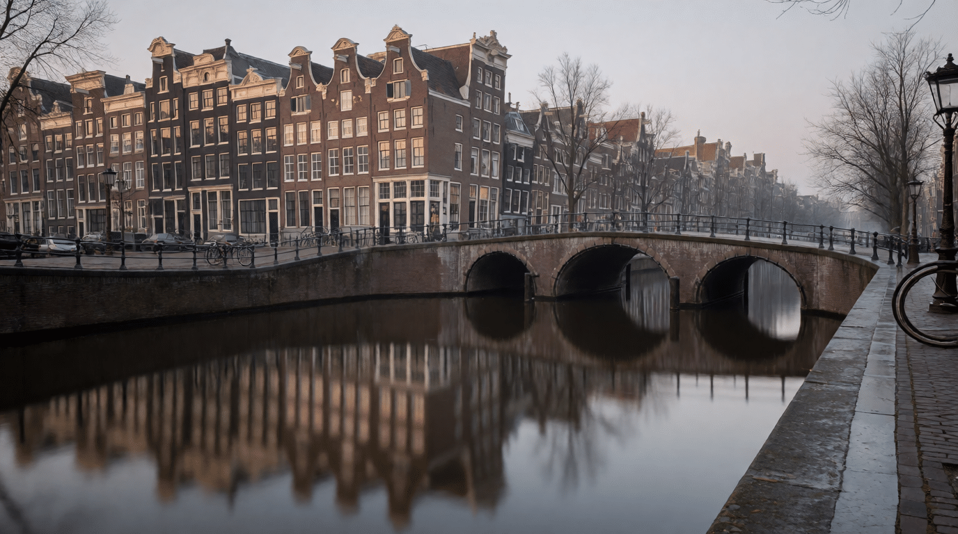 Amsterdamse gracht met grachtenpanden en een brug in de ochtend