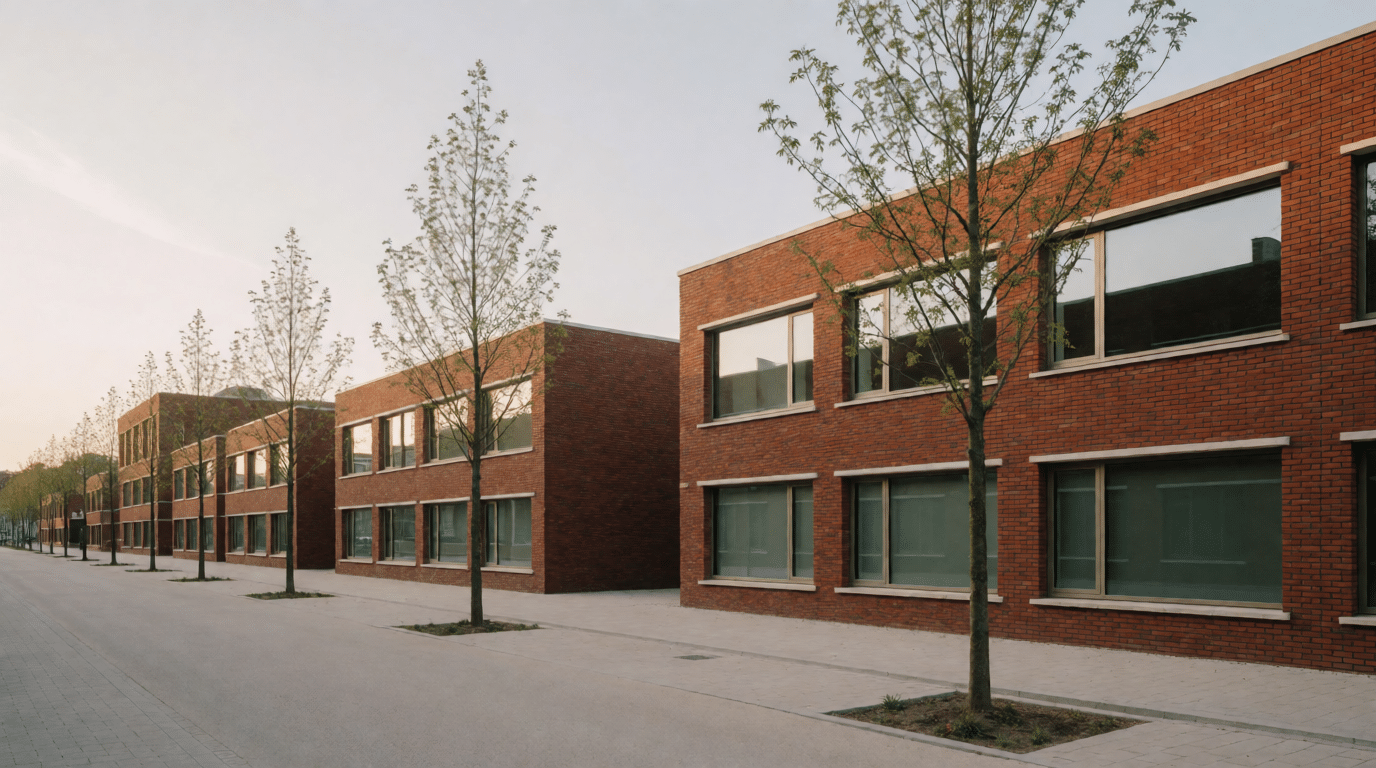 Rustige straat met bakstenen kantoorpanden en jonge bomen