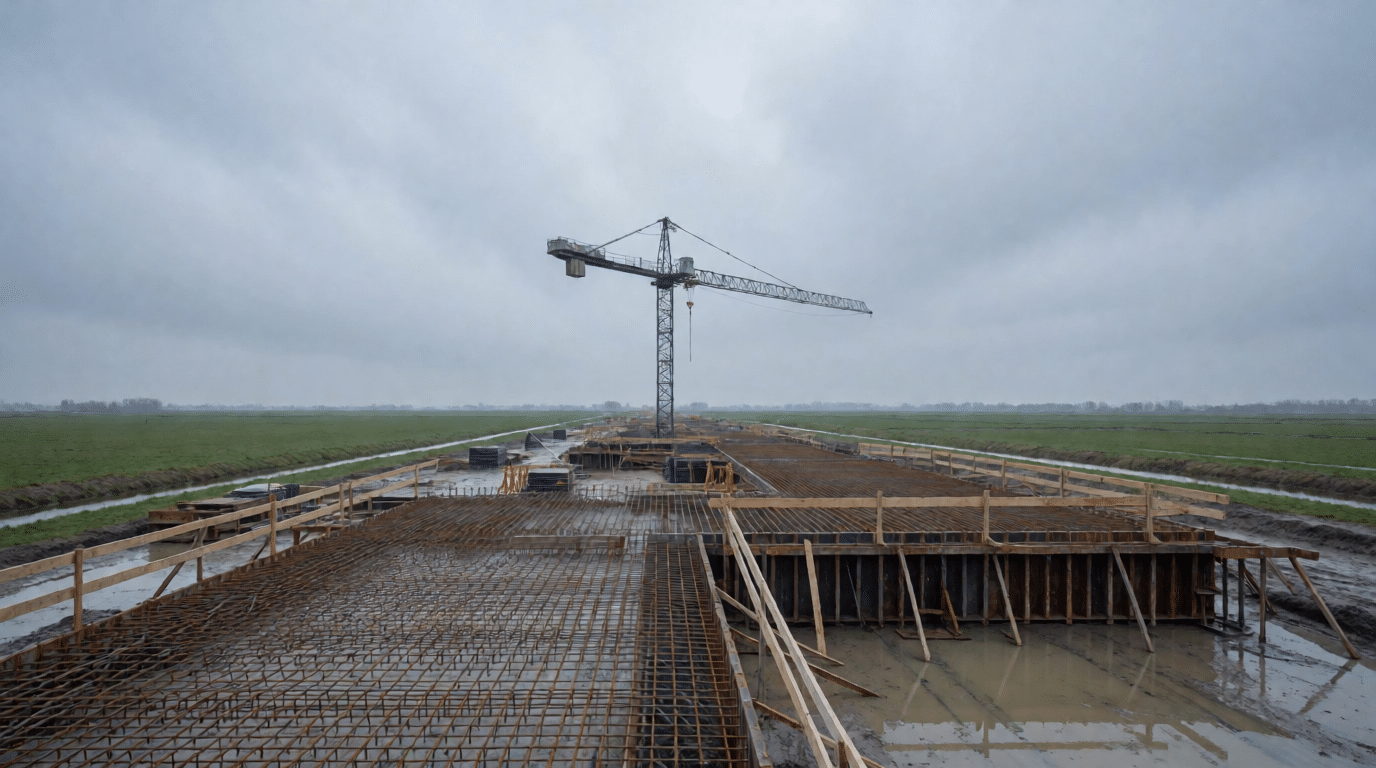 Bouwplaats van een betonnen kunstwerk met bekisting, wapening en een kraan