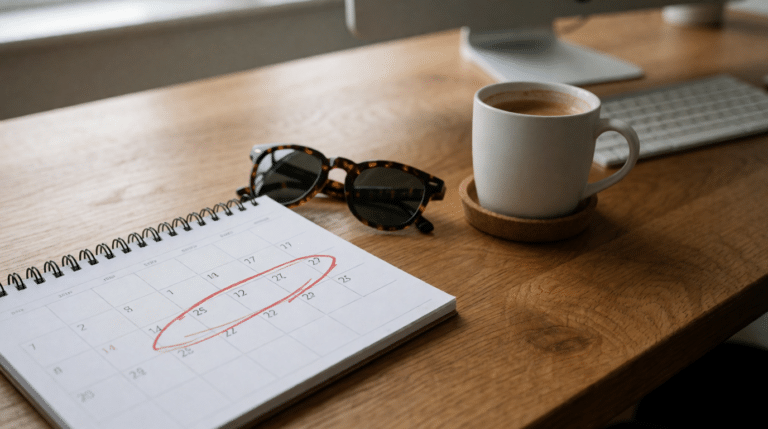Bureaukalender met gemarkeerde dagen, een zonnebril en een kop koffie
