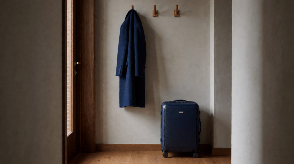 Koffer bij de deur van een kleine woning met één jas aan de haak