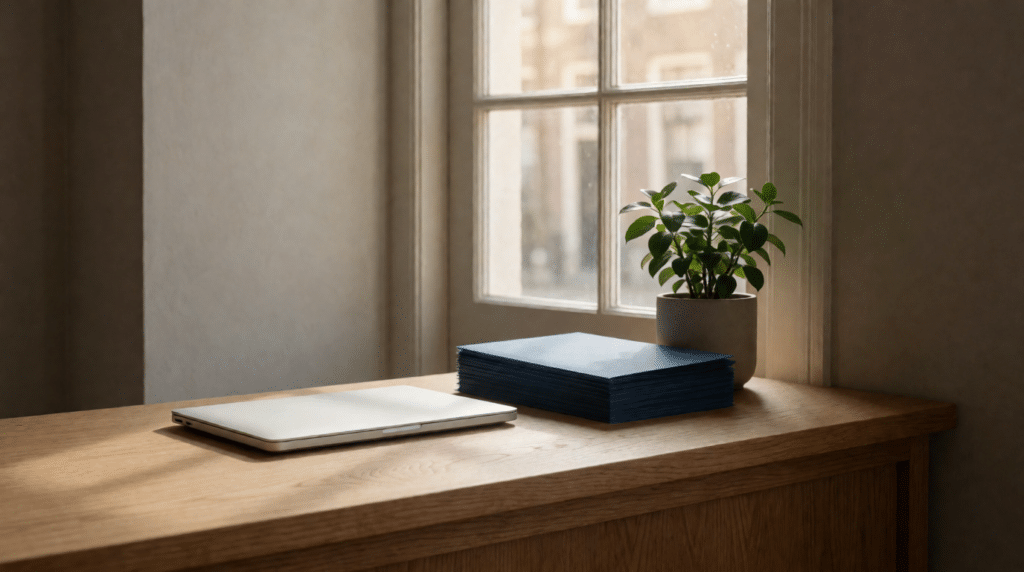 Kleine werkplek met laptop, plant en een stapel mappen bij het raam
