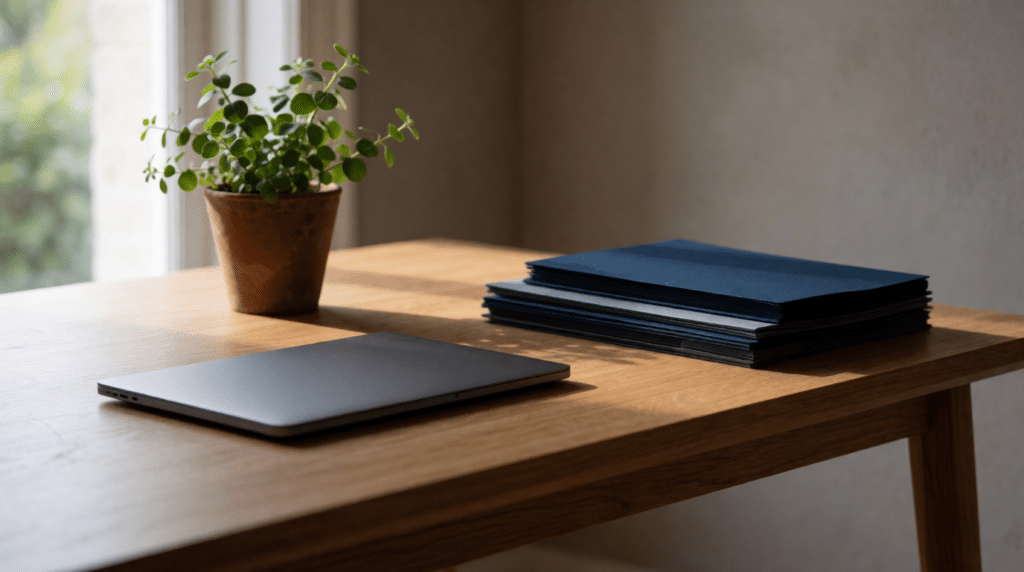 Kleine werkplek met een laptop, plant en een stapel mappen