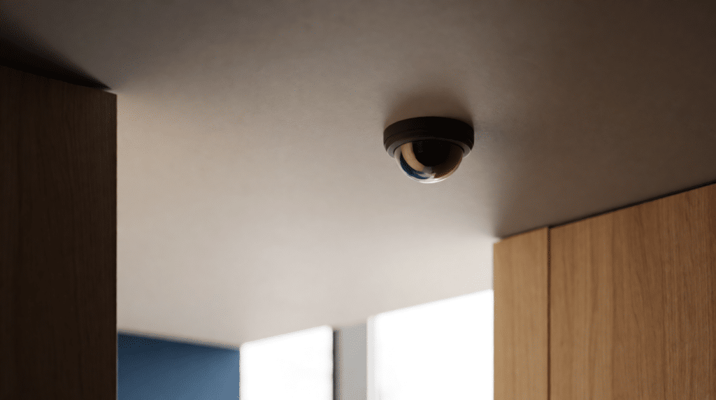 Koepelcamera aan het plafond van een modern gebouw