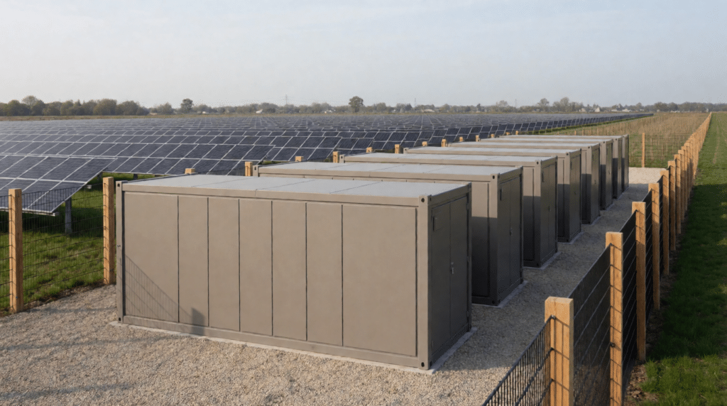 Rij grijze batterijcontainers in een omheind terrein naast een zonnepark