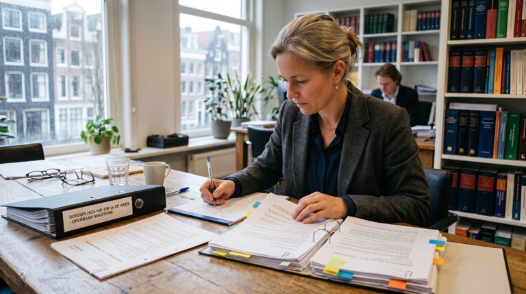 Een advocaat legt aan een werktafel de processen-verbaal uit een strafdossier naast elkaar en markeert passages met tabbladen.
