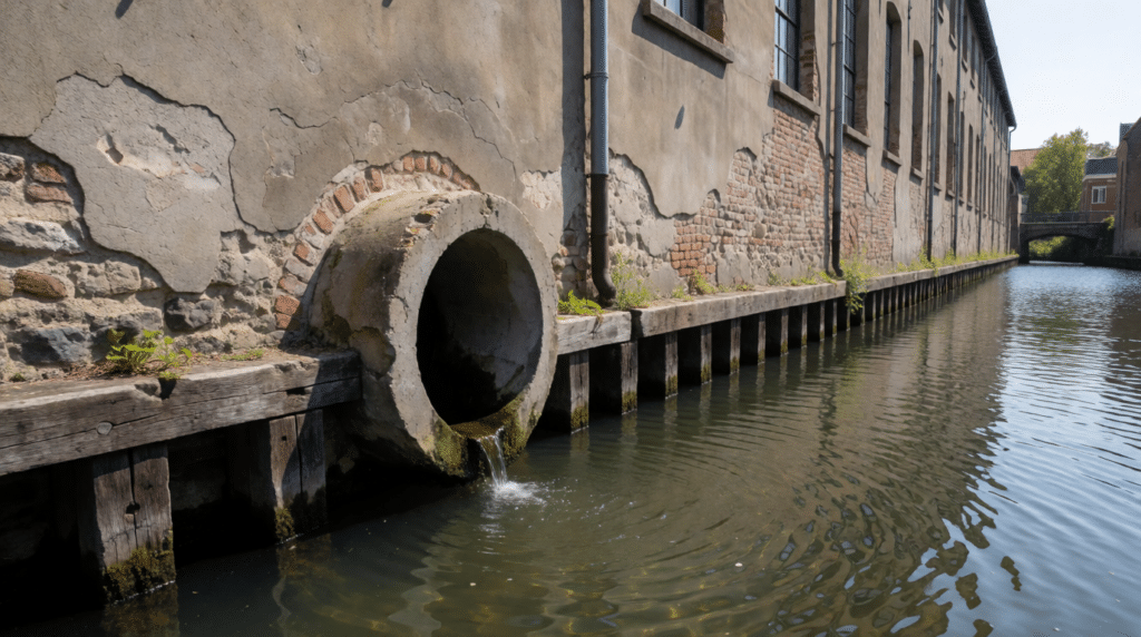 Industriële afvoer aan de rand van een kanaal bij een fabrieksmuur