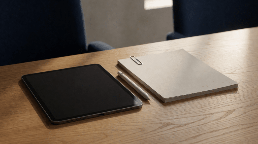 Tablet met stylus op een eikenhouten bureau naast een geprint contract met paperclip