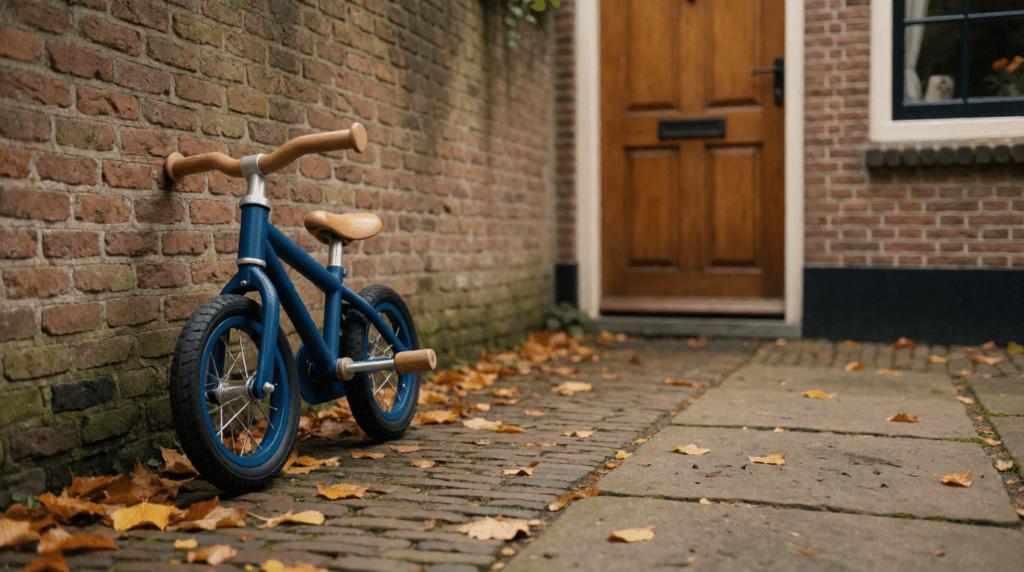 Kinderfiets tegen een bakstenen tuinmuur in herfstlicht