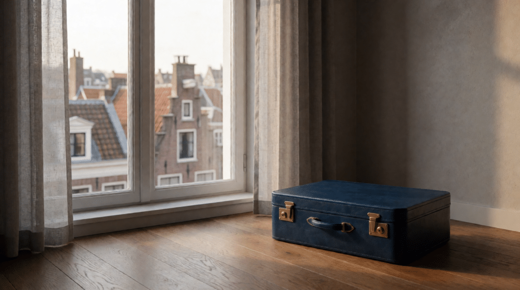 Koffer bij een raam van een woning met uitzicht op daken