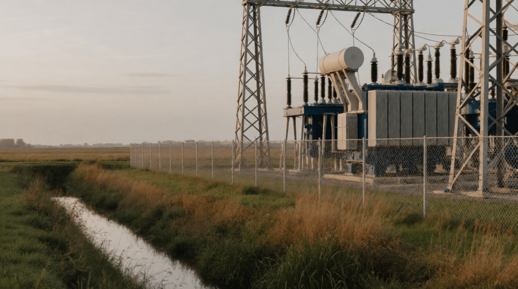 Elektriciteitsstation achter een hek in een Nederlands polderlandschap