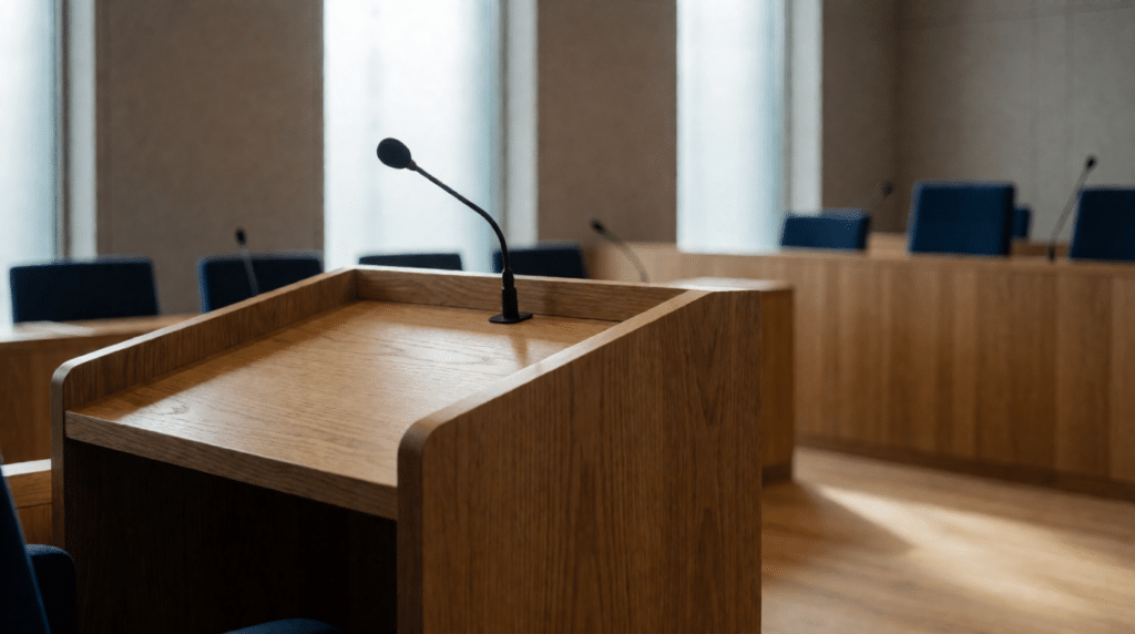Eikenhouten spreekgestoelte met microfoon in een lege rechtszaal