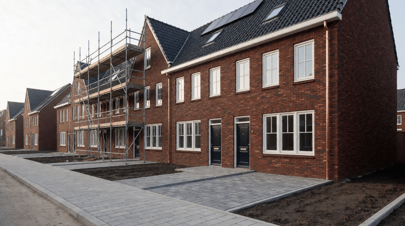 Bijna opgeleverde nieuwbouwwoningen met bakstenen gevels en steigers