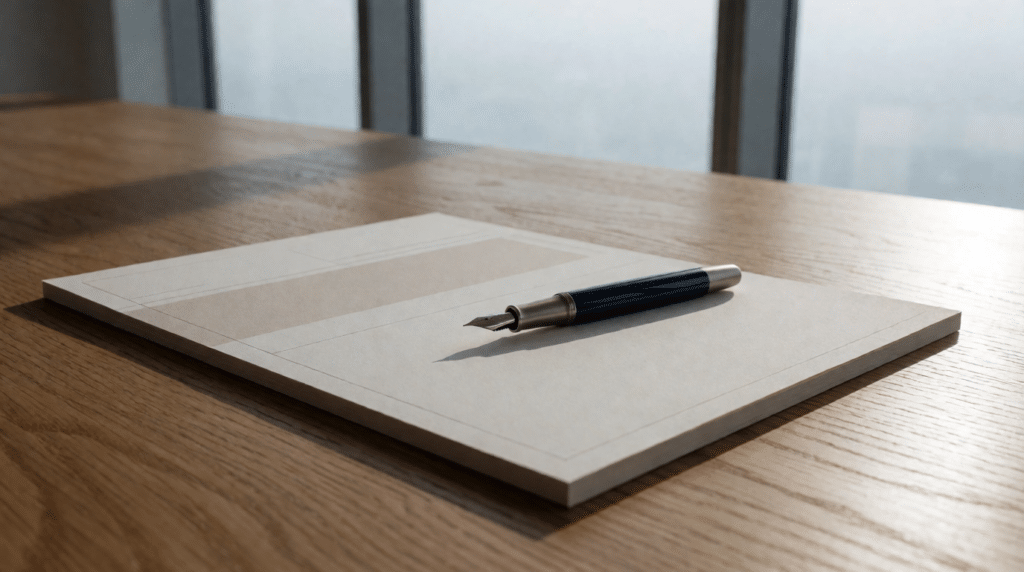 Contractpagina met een pen er dwars overheen op een vergadertafel
