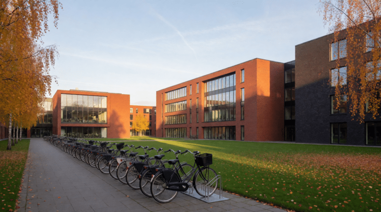 Universiteitscampus met bakstenen gebouwen, geparkeerde fietsen en een grasveld