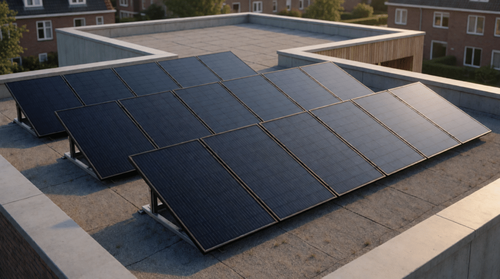 Zonnepanelen op het platte dak van een appartementencomplex