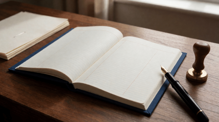 Opengeslagen blauw registerboek met vulpen en firmastempel op een bureau