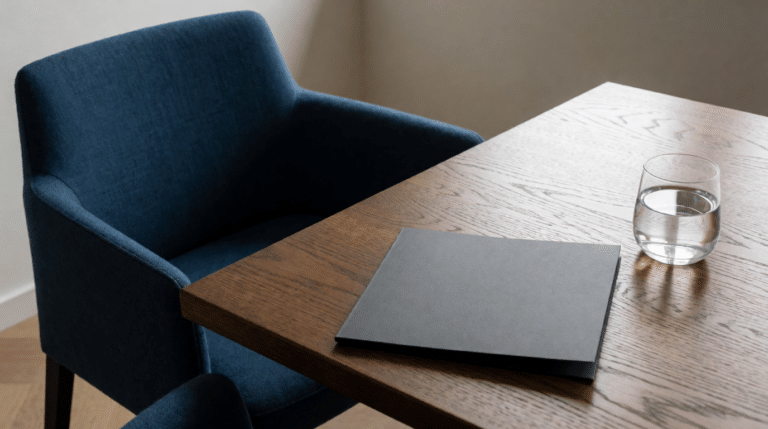 Een lege spreekkamer met twee stoelen aan een eikenhouten tafel, een gesloten dossiermap en een glas water.