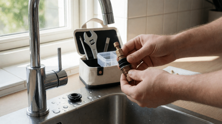 Huurder vervangt een kraanonderdeel boven het aanrecht, met gereedschapskist op de achtergrond