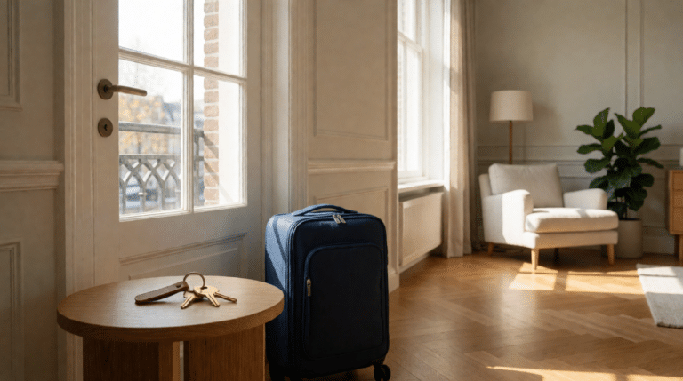 Gemeubileerd grachtenpand-appartement met koffer en huissleutels bij de deur, klaar voor tijdelijke verhuur