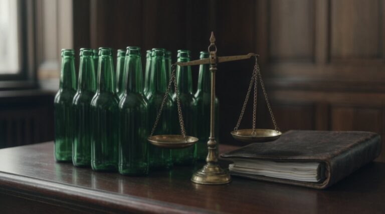 Groene bierflessen zonder etiket naast een weegschaal van Justitia en een dossier op een houten tafel.