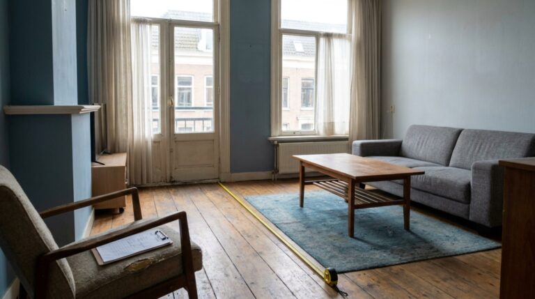 Lege huurwoning met een meetlint over de vloer en een klembord met inspectieformulier
