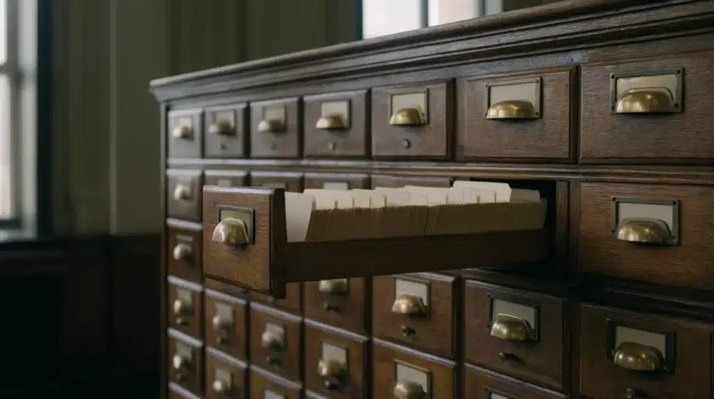 Juridisch begrippenkader 1 Houten kaartenbak met een geopende la vol systeemkaarten