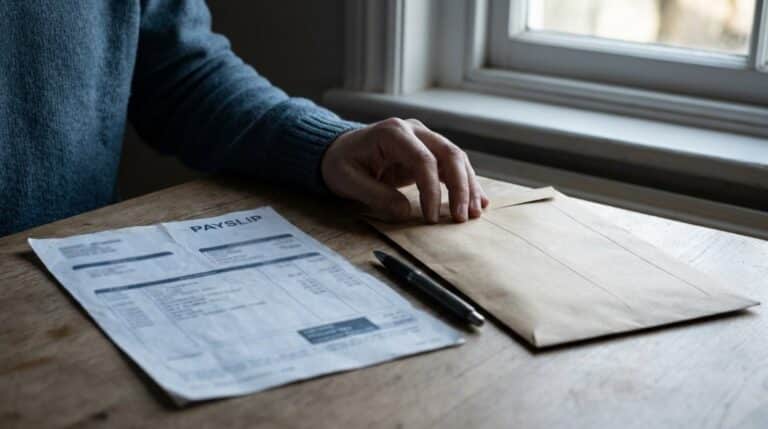 Hand op een gesloten envelop naast een loonstrook en een pen op een houten tafel