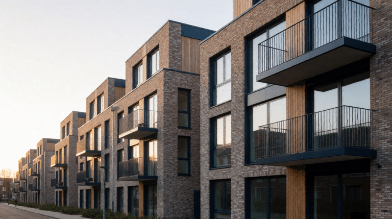 Een straat met nieuwe bakstenen appartementengebouwen met balkons in het late middaglicht.