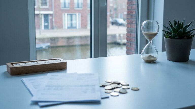 Bureau met papieren, munten en een zandloper voor een raam aan een Nederlandse gracht