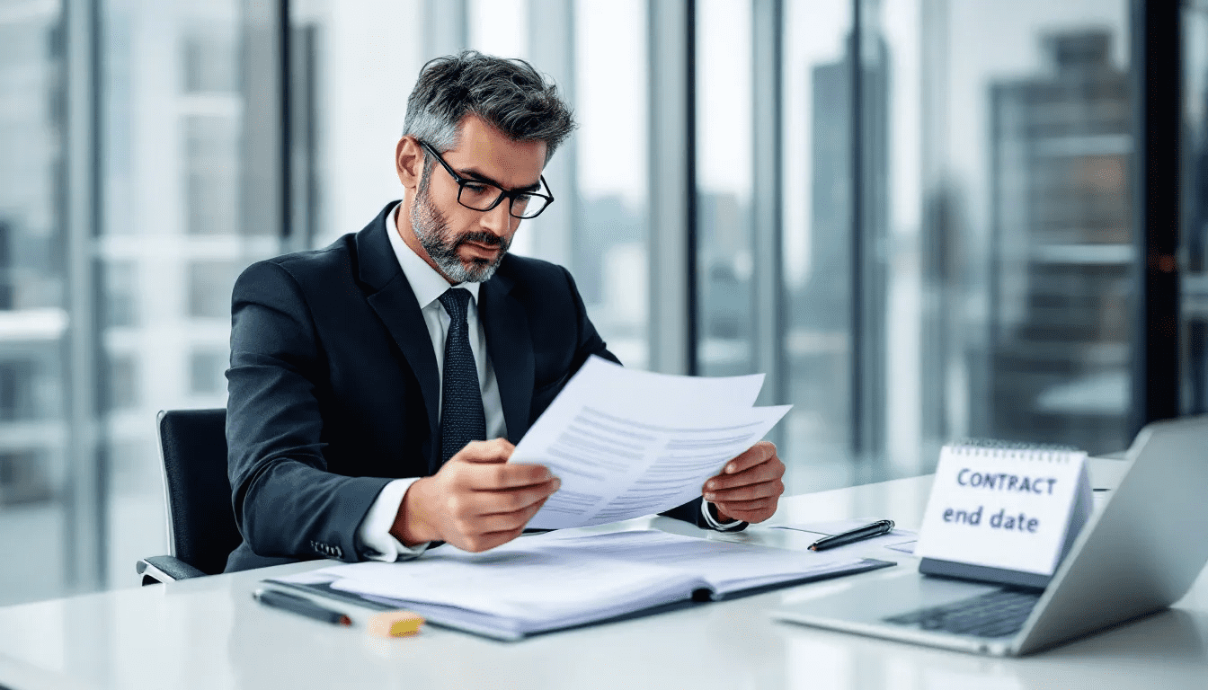 Contract Niet Verlengen: Complete Gids voor Werknemers en Werkgevers 1 Een zakenpersoon zit aan een bureau en bekijkt contractdocumenten, terwijl een kalender met de einddatum van een tijdelijk contract zichtbaar is. De afbeelding benadrukt de noodzaak om te controleren of het contract niet wordt verlengd en de rechten van de werknemer bij beëindiging van het dienstverband.