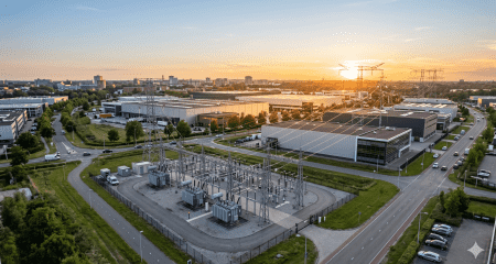 Gesloten distributiesysteem met transformatorstation en hoogspanningsmasten op een industrieterrein bij zonsondergang