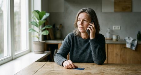 Vrouw belt haar bank na een vermoeden van oplichting, met haar bankpas op tafel