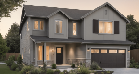 Moderne woning met tuin en verlichting.