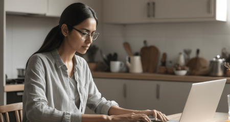 Vrouw werkt aan laptop in keuken.
