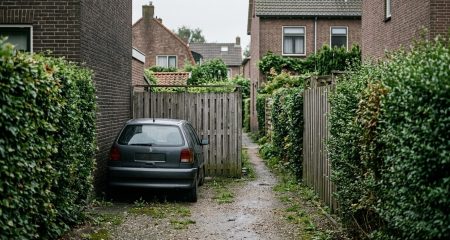 Smal achterpad tussen twee tuinen, versperd door een gesloten houten poort