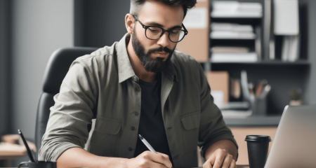Man schrijft aan bureau met laptop.