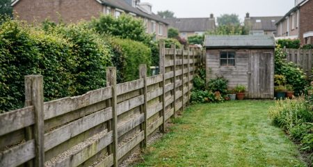 Oude houten schutting langs een achtertuin, met een schuur vlak bij de erfgrens