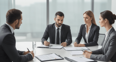 Zakenvergadering met vier professionals.