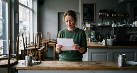 Cafe-eigenaar leest een brief achter de toog van haar gesloten zaak