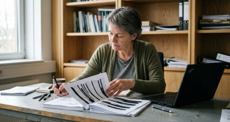 Stapel documenten met zwart weggelakte passages naast een laptop op een bureau