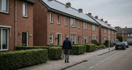 Rij woningen met zonnepanelen op de daken in een woonstraat