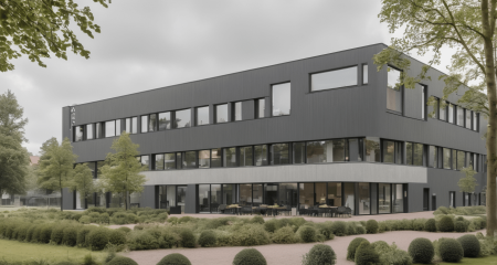 Modern gebouw omringd door groen.