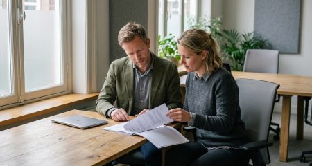 Twee mensen nemen aan een vergadertafel een contract door