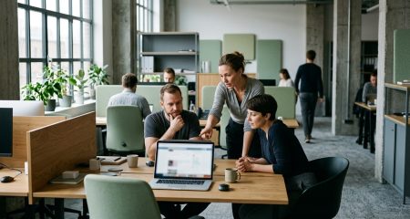 Drie collega’s kijken samen naar een laptopscherm in een kantoortuin