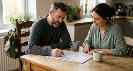 Twee ouders vullen samen een kalender in aan de keukentafel