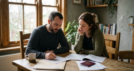 Stel neemt thuis een checklist door met documenten en een paspoort voor zich